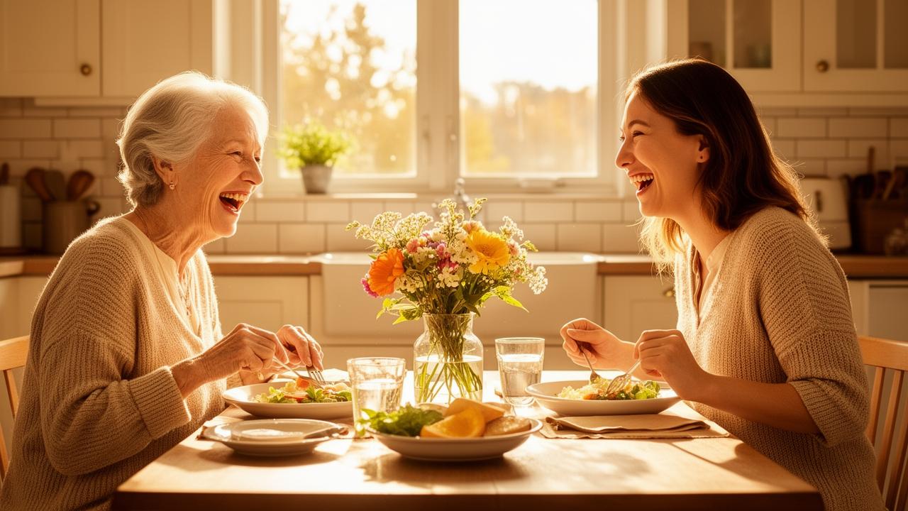 Senior and caregiver enjoying time together in a bright living room